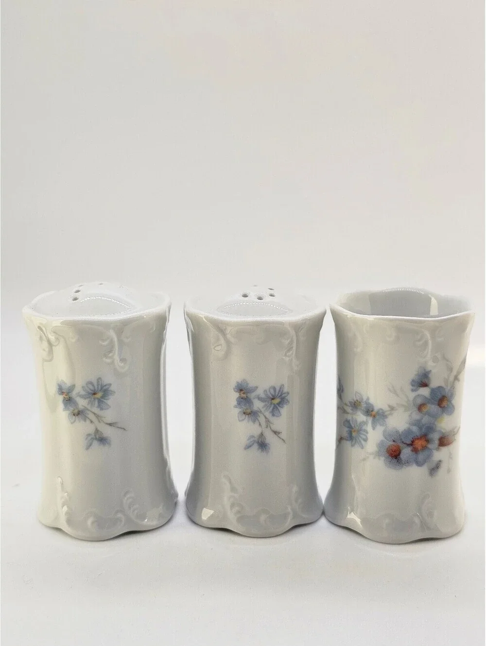 Vintage German Porcelain Salt, Pepper & Toothpick Holder Set | Blue Floral Set